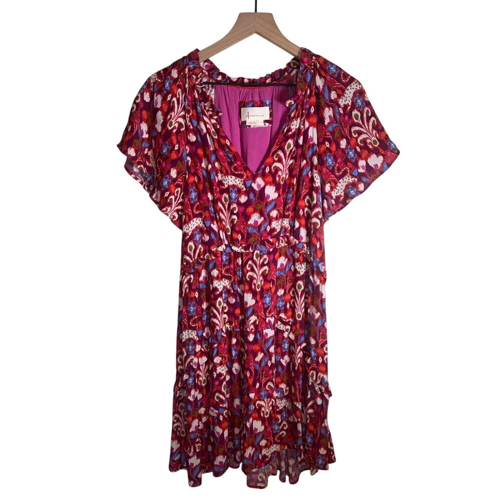 ANTHROPOLOGIE Fuchsia Pink pattern with ruffle detail lightweight summer dress S